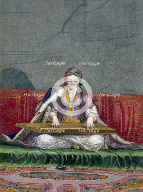 Turkish girl playing a keyboard plucking instrument, pub. 1707-08. Creator: Charles de Ferriol (1652-1722).