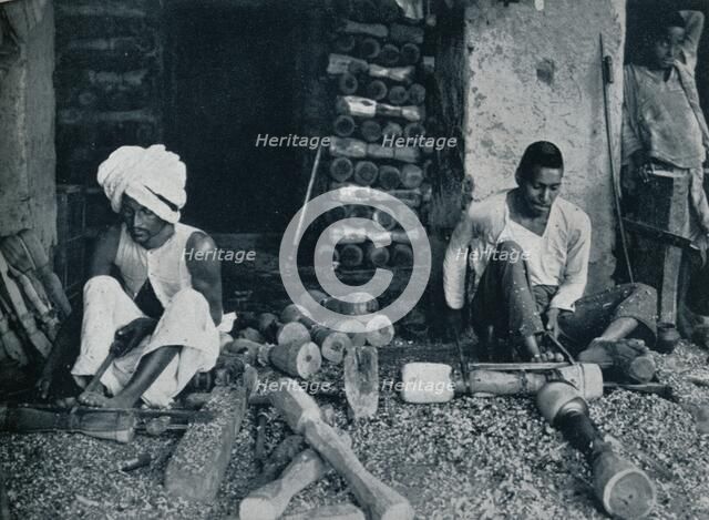 'Turning wooden bed legs', c1942. Artist: Unknown.