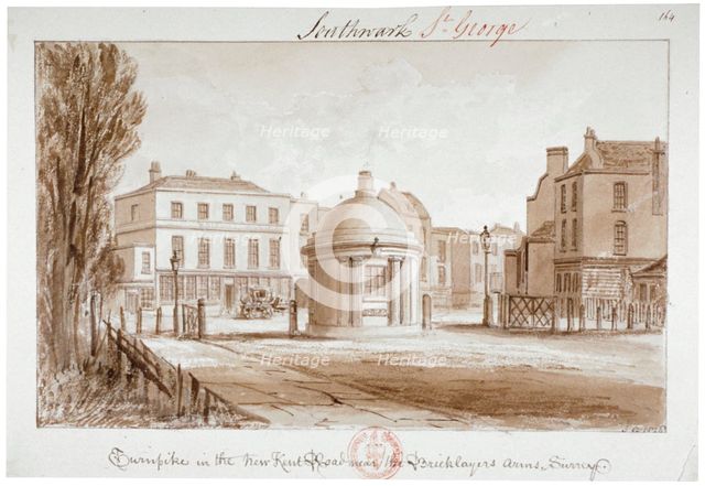 Turnpike in the New Kent Road near the Bricklayers' Arms Inn, Southwark, London, 1828. Artist: John Chessell Buckler