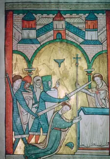Twelfth century illustration of the murder of St Thomas-a-Becket (1118-1170) from a psalter