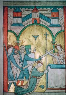Twelfth century illustration of the murder of St Thomas-a-Becket (1118-1170) from a psalter