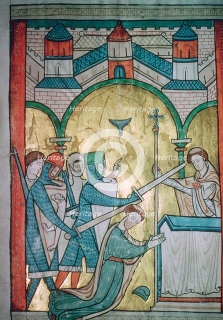 Twelfth century illustration of the murder of St Thomas-a-Becket (1118-1170) from a psalter.