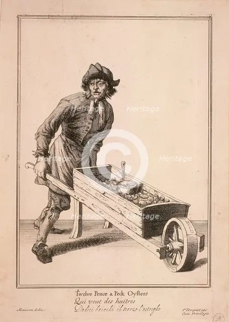 'Twelve Pence a Peck Oysters', Cries of London, (c1688?). Artist: Pierce Tempest