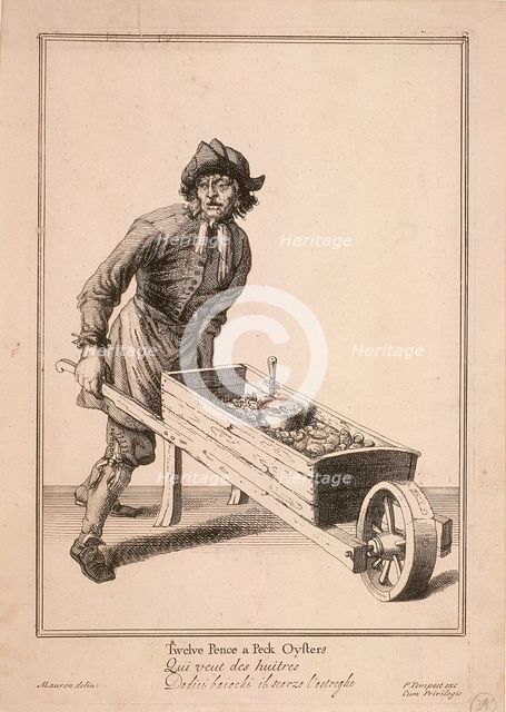 'Twelve Pence a Peck Oysters', Cries of London, (c1688?). Artist: Pierce Tempest