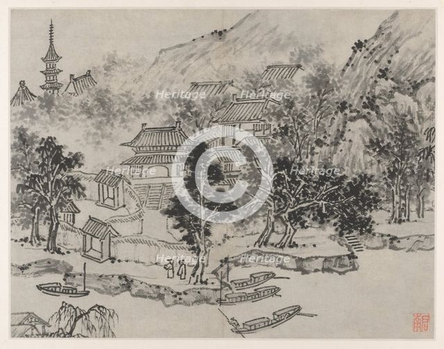 Twelve Views of Tiger Hill, Suzhou: Distant View of Tiger Hill from the Canal Mooring, after 1490. Creator: Shen Zhou (Chinese, 1427-1509).