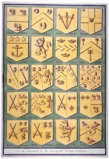 Twenty coats of arms from monuments in the churchyard of All Saints, Fulham, London, c1800. Artist: Anon
