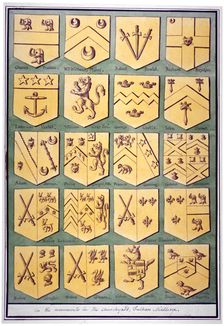 Twenty coats of arms from monuments in the churchyard of All Saints, Fulham, London, c1800. Artist: Anon