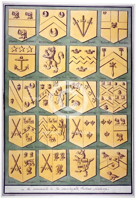 Twenty coats of arms from monuments in the churchyard of All Saints, Fulham, London, c1800. Artist: Anon
