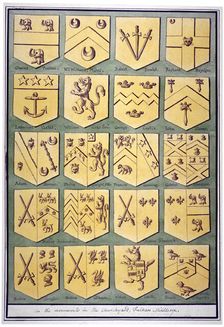 Twenty coats of arms from monuments in the churchyard of All Saints, Fulham, London, c1800. Artist: Anon