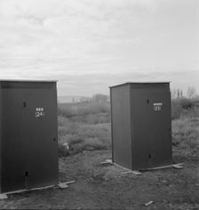 Twenty-four portable toilets, mobile camp (FSA), equipment, Merrill, Klamath County, Oregon, 1939. Creator: Dorothea Lange
