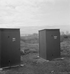 Twenty-four portable toilets, mobile camp (FSA), equipment, Merrill, Klamath County, Oregon, 1939. Creator: Dorothea Lange