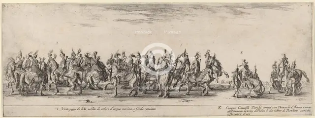 Twenty Pages and Five Turkish Horses, 1633. Creator: Stefano della Bella.