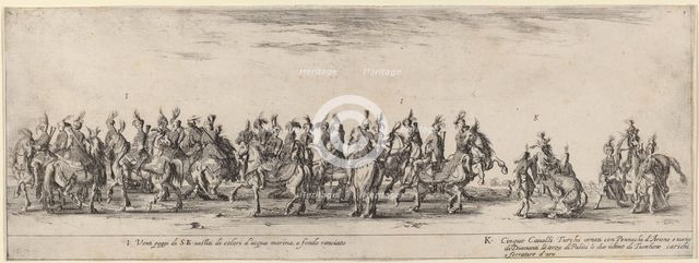 Twenty Pages and Five Turkish Horses, 1633. Creator: Stefano della Bella.