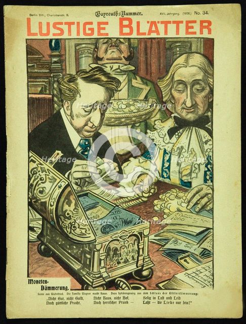 Twilight of the Coins. Caricature from Lustigen Blätter. Berlín. No 34, 1902, dedicated to the Bayre