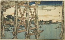 Twilight Moon at the Ryogoku Bridge (Ryogoku no yoizuki), from the series "Famous Views..., c. 1831. Creator: Ando Hiroshige