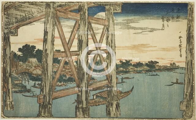 Twilight Moon at the Ryogoku Bridge (Ryogoku no yoizuki), from the series "Famous Views..., c. 1831. Creator: Ando Hiroshige.