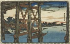 Twilight Moon at the Ryogoku Bridge (Ryogoku no yoizuki), from the series "Famous Views..., c. 1831. Creator: Ando Hiroshige