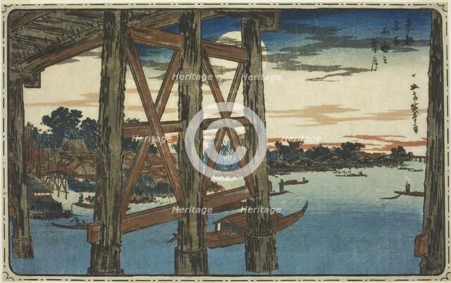 Twilight Moon at the Ryogoku Bridge (Ryogoku no yoizuki), from the series "Famous Views..., c. 1831. Creator: Ando Hiroshige.