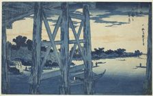 Twilight Moon at the Ryogoku Bridge (Ryogoku no yoizuki), from the series "Famous Views..., c. 1831. Creator: Ando Hiroshige