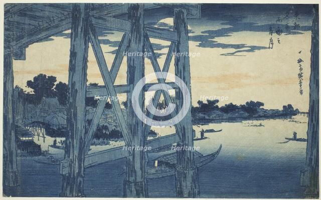 Twilight Moon at the Ryogoku Bridge (Ryogoku no yoizuki), from the series "Famous Views..., c. 1831. Creator: Ando Hiroshige.