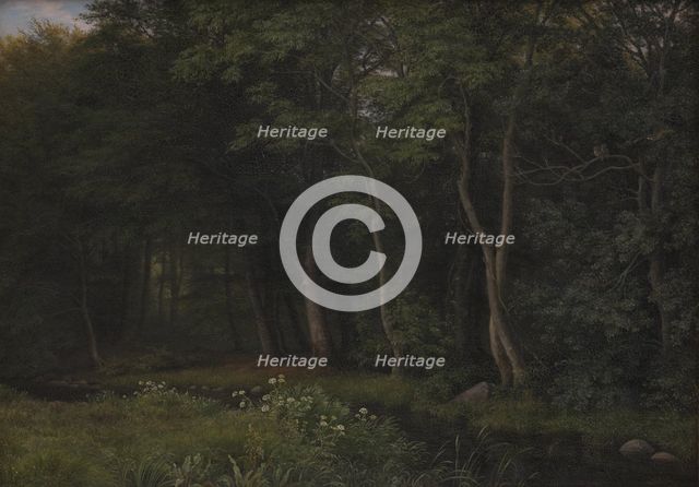 Twilight Setting in a Wood near Iselingen Manor, Zealand, 1860. Creator: Peter Christian Thamsen Skovgaard.