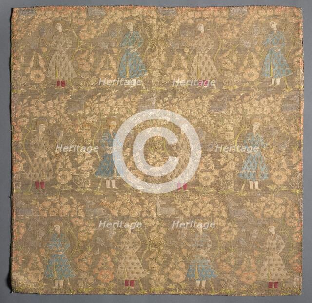 Twill weave with falconers amid rose bushes, 1650-1699. Creator: Unknown.