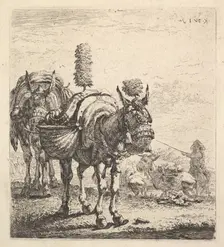 Two mules bearing panniers and outfitted with blinders, plumes, and tassels; one mu..., ca. 1641-78. Creator: Karel Du Jardin