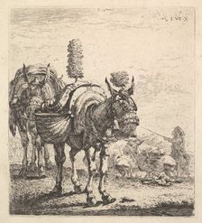 Two mules bearing panniers and outfitted with blinders, plumes, and tassels; one mu..., ca. 1641-78. Creator: Karel Du Jardin