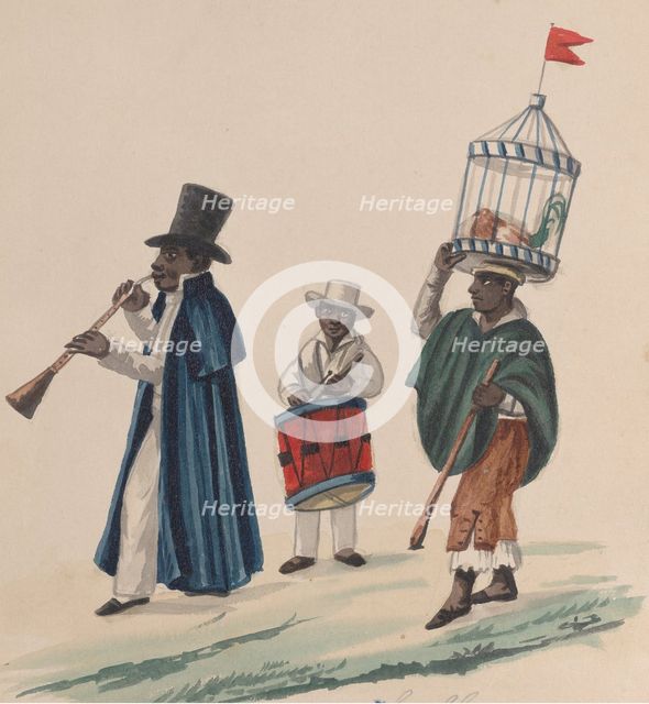 Two musicians and a man carrying on his head a rooster in cage, from a group of..., ca. 1848. Creator: Attributed to Francisco (Pancho) Fierro.