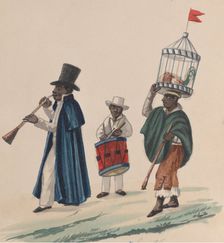Two musicians and a man carrying on his head a rooster in cage, from a group of..., ca. 1848. Creator: Attributed to Francisco (Pancho) Fierro