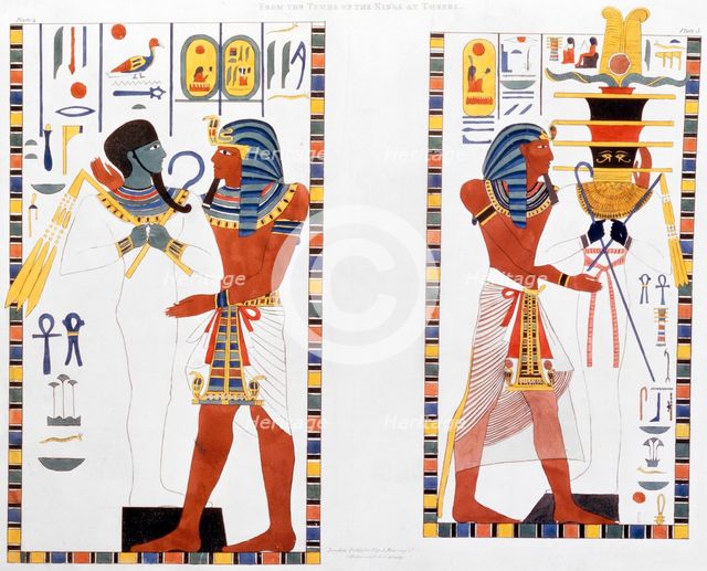 Two murals from the tombs of the Kings of Thebes, discovered by G Belzoni, 1820-1822. Artist: Charles Joseph Hullmandel