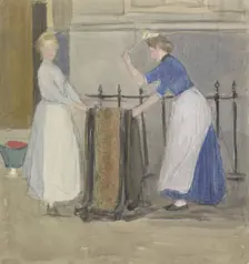 Two maids airing a mat in front of a town hall, 1874-1927. Creator: Johan Antonie de Jonge
