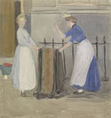 Two maids airing a mat in front of a town hall, 1874-1927. Creator: Johan Antonie de Jonge