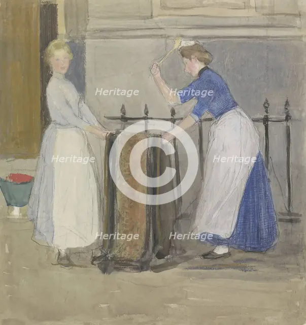Two maids airing a mat in front of a town hall, 1874-1927. Creator: Johan Antonie de Jonge.
