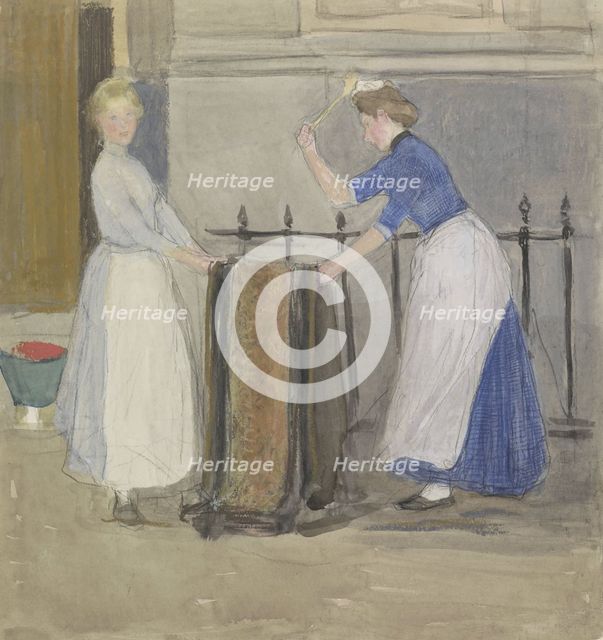 Two maids airing a mat in front of a town hall, 1874-1927. Creator: Johan Antonie de Jonge.