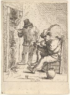 Two male peasants holding pipes before a fireplace, one seated with the pipe held..., After 1625-90. Creator: Unknown