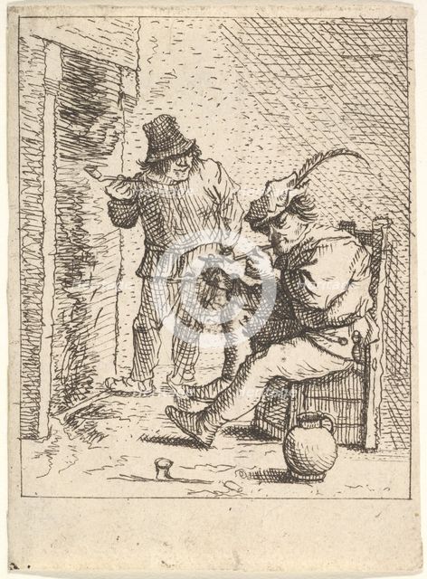 Two male peasants holding pipes before a fireplace, one seated with the pipe held..., After 1625-90. Creator: Unknown.