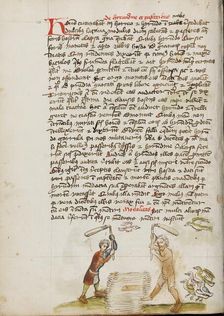 Two Men Threshing Grain; Fables, third quarter of 15th century. Creator: Unknown