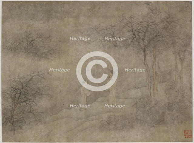 Two men walking in misty grove, Ming dynasty, 1368-1644. Creator: Unknown.
