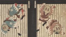 Two Men Wearing Brown Coats, also Straw Hats with Brown Bows. Creator: Gakutei