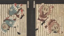 Two Men Wearing Brown Coats, also Straw Hats with Brown Bows. Creator: Gakutei