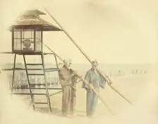 Two Men with Oars Standing Next to a Lantern, 1866-1867. Creator: Felice Beato