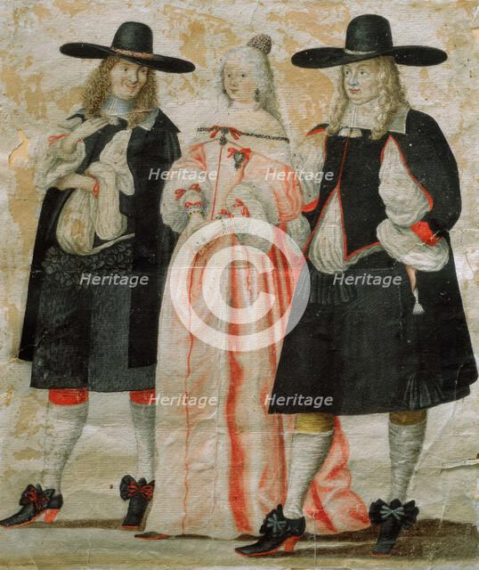 Two men and a woman in 17th century clothing. Creator: Unknown.