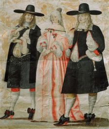 Two men and a woman in 17th century clothing. Creator: Unknown