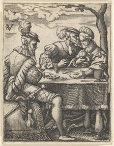 Two men and a woman playing cards at a table, one man pressing his nose toward the ..., ca. 1535-62. Creator: Virgil Solis
