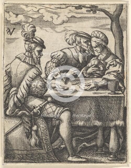 Two men and a woman playing cards at a table, one man pressing his nose toward the ..., ca. 1535-62. Creator: Virgil Solis.