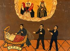 Two men and a woman praying for the health of a child, c1890. Creator: Unknown