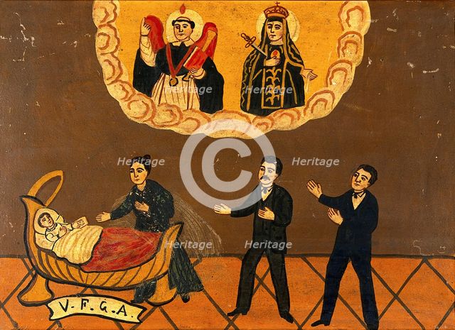 Two men and a woman praying for the health of a child, c1890. Creator: Unknown.