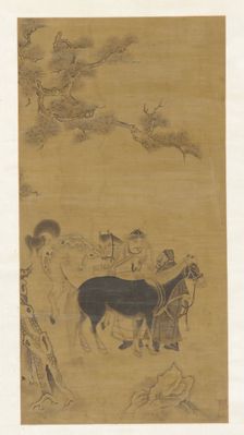 Two men and two horses under a pine tree, Qing dynasty, 18th century. Creator: Unknown