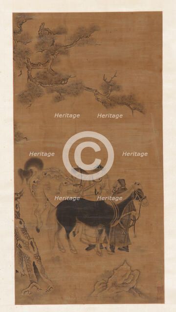 Two men and two horses under a pine tree, Qing dynasty, 18th century. Creator: Unknown.